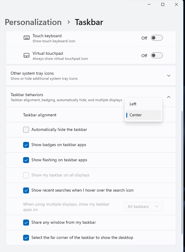windows 11 Taskbar settings